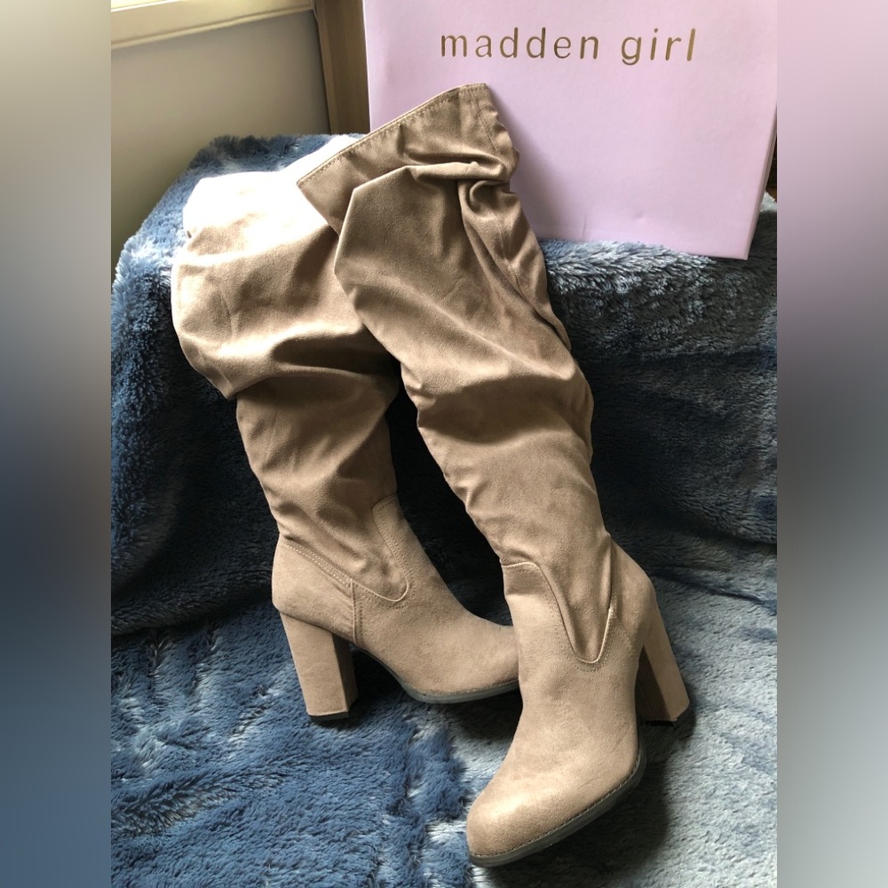Madden Girl Knee-High Slouch Boots, Size 8.5, NWT, Dark Taupe Fabric/Suede-like